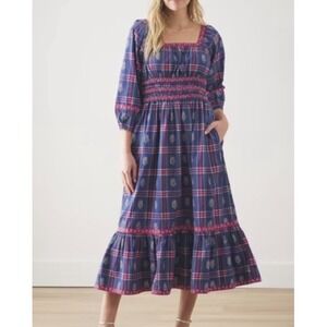 Printfresh Stroll Around Midi Dress Nostalgia Plaid Long Sleeve Cottagecore Sz L